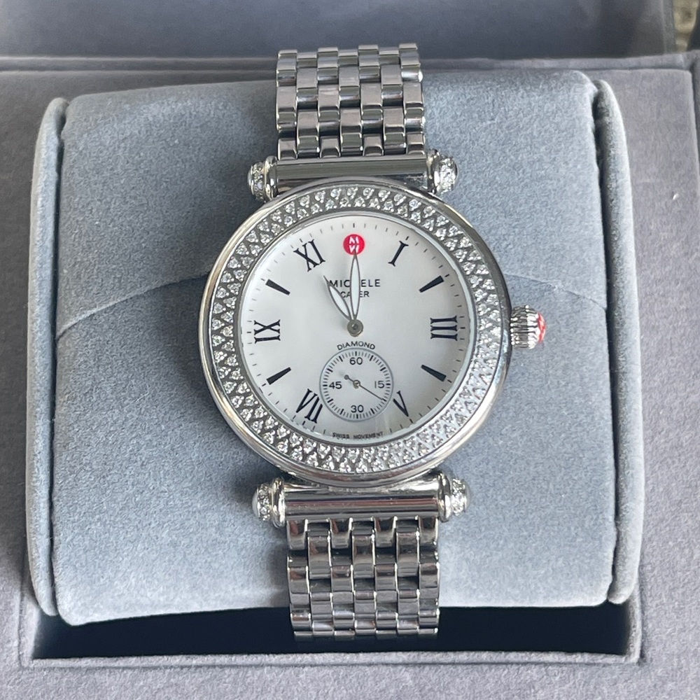 EUC Michele Stainless Steel and Diamond “Caber” Watch w/ Box and Extra Links